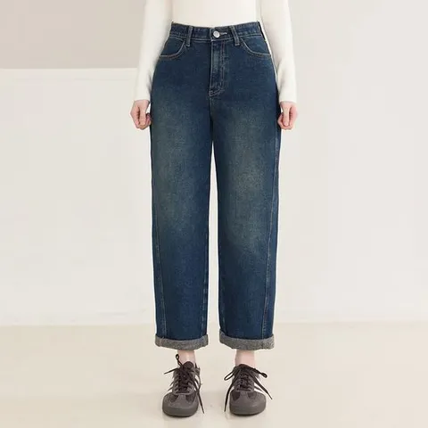 [더블유피비지]사이드 커브 절개 라인 시크릿 밴딩 배기 데님 팬츠