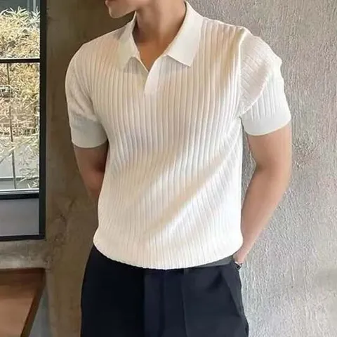 남자 브이넥 노 단추 신축성 좋은 카라 니트 티셔츠 반팔