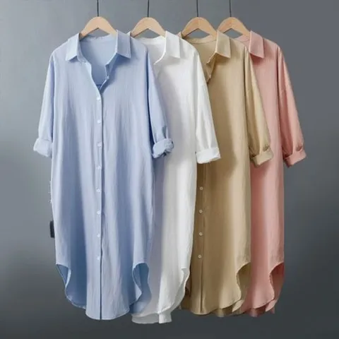 [오너클랜]인기상품 여름철 부드러운 리넨패브릭 칼라 롱라인 톱