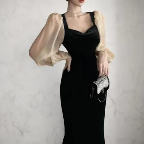 [옷자락]여성 벨벳 레이어드 쉬폰 퍼프 소매 슬림 롱 드레스