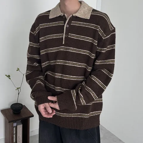 제로스샵 /  남친룩/빈티지  테이크 카라넥 스트라이프 오버핏 니트