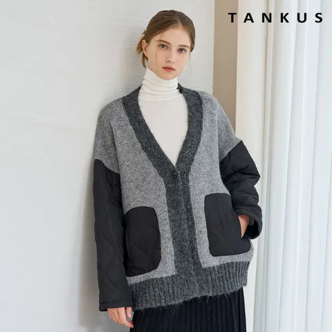 [ 롯데백화점 ][탱커스]퀼팅 배색 오버핏 V넥 니트 가디건 (TX4CD029L0)