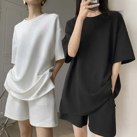 여성 여름 캐주얼 패션 무지 반팔 반바지 상하의 세트