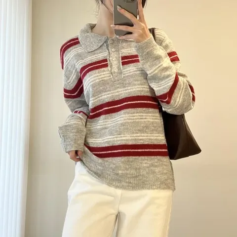 여자 박시핏 단가라 박시 울 카라긴팔티 니트