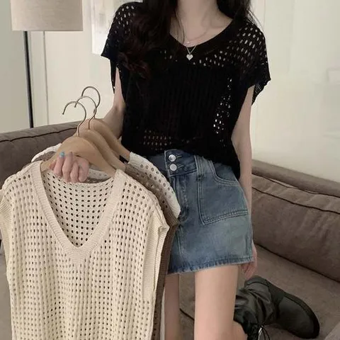 브이넥 시원한 펀칭 니트 짜임 여름 가벼운 니트 조끼