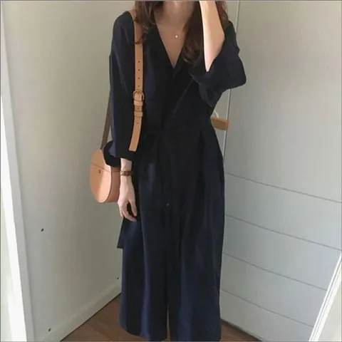 여성 페미닌 롱셔츠 원피스 허리끈 루즈핏 남방 가디건 2컬러