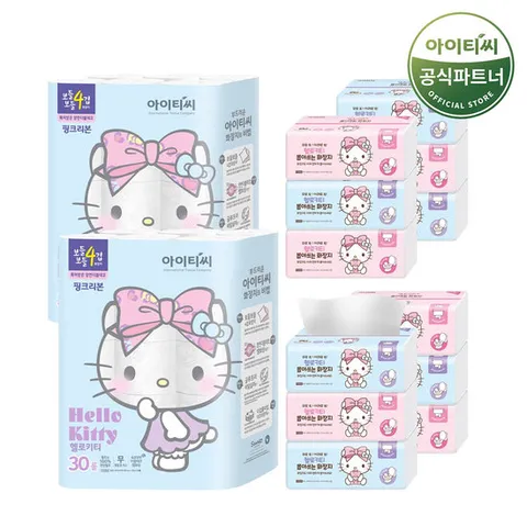 헬로키티 4겹 핑크리본 화장지 30롤X2팩+뽑아쓰는화장지 3입X4팩 풀고뽑고 세트