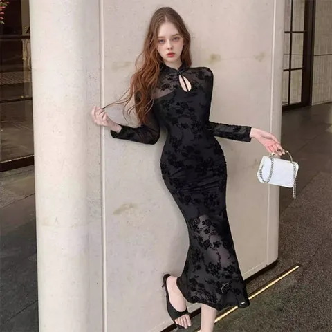 [교복몰]미드나잇 시스루 레이스 롱 슬리브 드레스 교복 학생