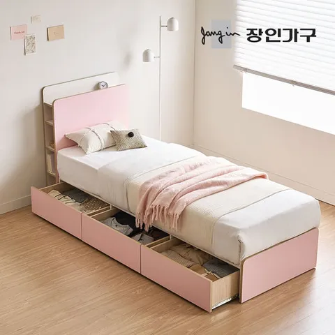 장인가구 드림업 LED 수납 헤드 미니 원룸 서랍형 멀티 싱글 침대 프레임 MS