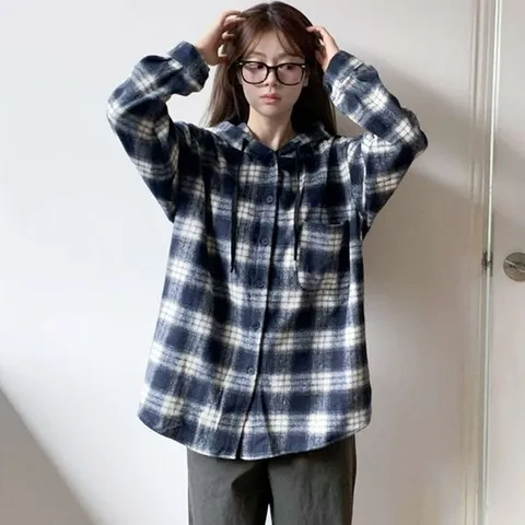 여자 빅사이즈 폭신 후디 빅체크 베이직 남방