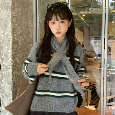 [샵앤]여성 방한 배색 단가라 니트티 머플러 세트 21DS-WSET-5082-그레이