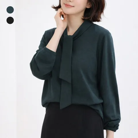 [해피통통] 빅사이즈 니트타이 긴팔블라우스 티 여성정장 리본블라우스 오피스하객 여성의류