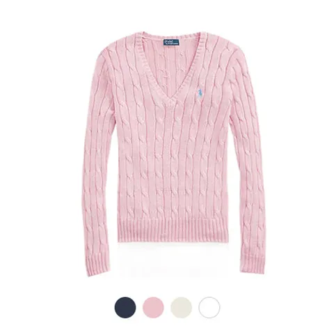 폴로 케이블 니트 코튼 여성 V넥 스웨터