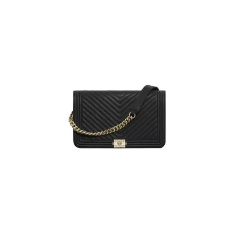 샤넬 여성 샤넬 보이 샤넬 체인 지갑 그레인드 카프스킨   골드 메탈 블랙