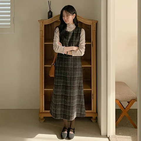 [저스트원] 코드 체크 롱 원피스