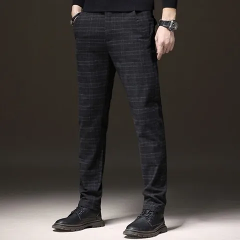 [모로엠]남성 베이직 허리 밴딩 슬랙스 체크 패턴 일자 팬츠 DMS