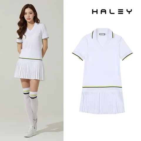 헤일리골프 여성 배색 포인트 카라 플리츠 반팔 원피스 HUAKD1025