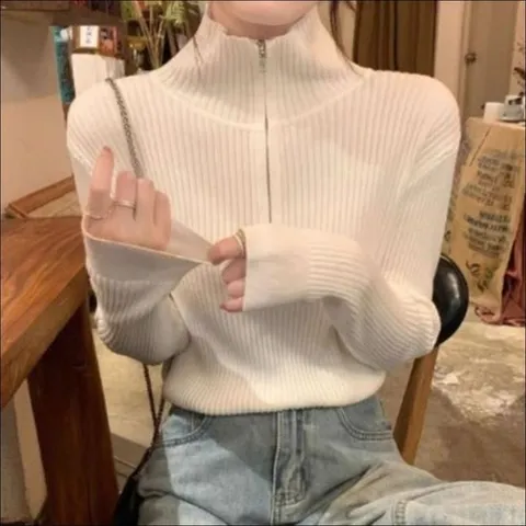 [오너클랜]인기상품 여자 골지 긴팔 집업 2색 슬림핏 니트 카라