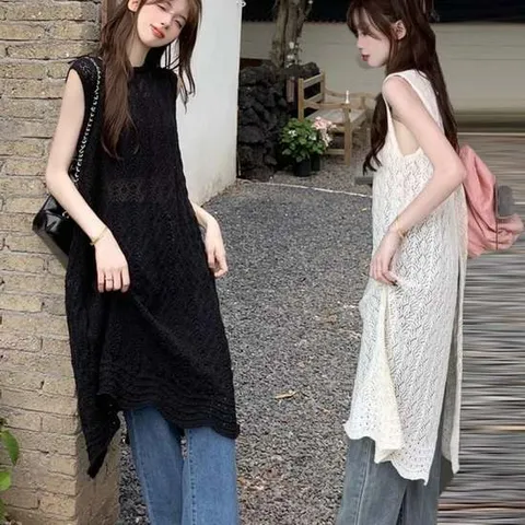 여성 내추럴 시스루 펀칭 짜임 여름 레이어드 롱 조끼