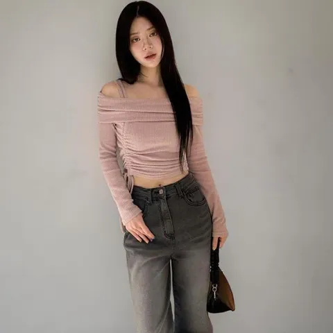 옷자락 / 여성 슬림핏 스트랩 오프숄더 기모 골지 니트