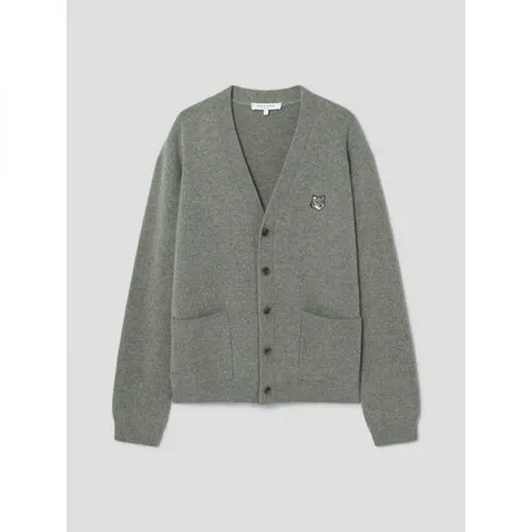 Maison Kitsune Men Grey Fox Head Milano Lambswool Cardigan - Laurel Green