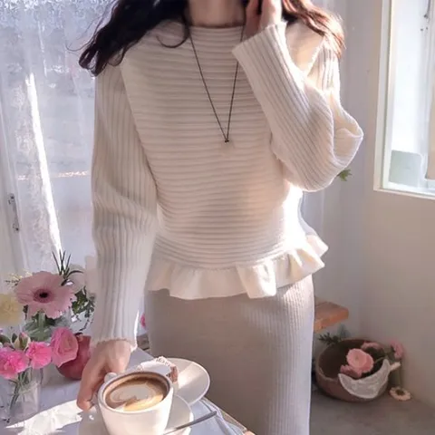 [리린]로이패턴 러블리 아랫단 프릴 부드런스판 니트 [2color]