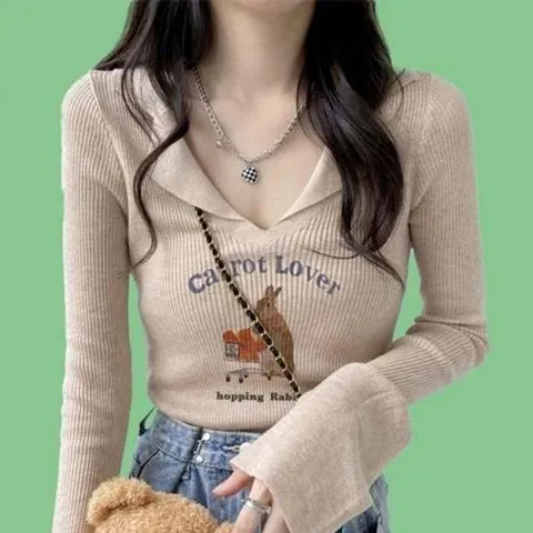 우먼폴로카라 브이칼라 니트탑 탑 S/S 추절기 클래식 긴소매 티탑 beige 니트상의