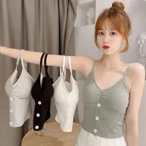 버튼 니트립 브라패드 크롭핏 민소매 나시 브라캡 속옷캡민소매 베스트