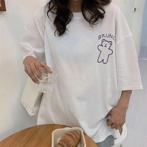 큐트 디테일 여성 심플넥프린트 하프슬리브 탑 스웻셔츠 줄무늬 시즌 마소재