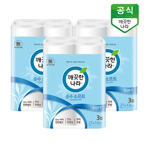 깨끗한나라 화장지 순수 소프트 27m 12롤 x 3팩