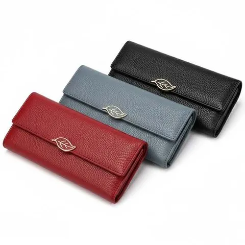 헨드폰지갑 트렌디 3컬러 리얼 소가죽 엠보싱 나뭇잎 버클 장지갑