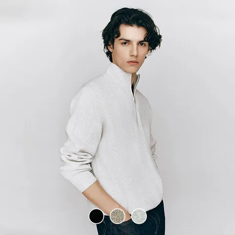 [ 롯데백화점 ][지오다노] 남성 봄 간절기 목넥 반집업/하프집업 면 니트 스웨터 055504