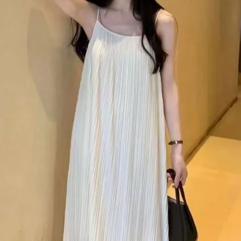 썸머 휴양지 여성 에어 플리츠 끈 나시 롱 원피스