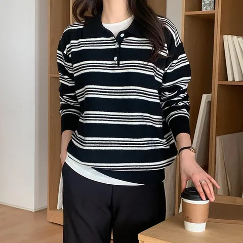 10가트 / 4732 루즈핏 울 카라 스트라이프 니트 가을 겨울 레이어드