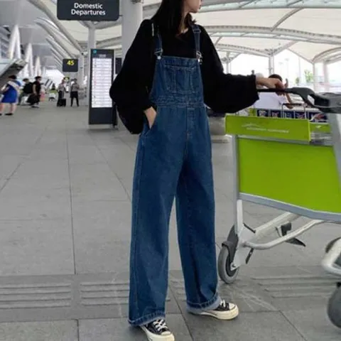 청바지 데님팬츠 여성 귀여운 여자 진청 멜빵 바지 패션 와이드