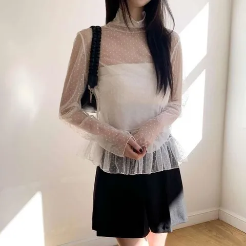 옷자락 / 여자 도트 시스루 하이넥 폴라 블라우스 티셔츠