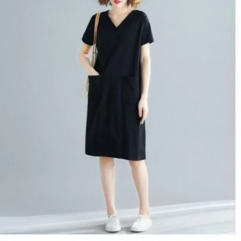 드레스 베이직 롱티 걸 썸머 V라인 긴기장탑 하프티 모노톤 하프슬리브 브이라인