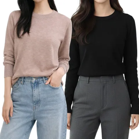 여성 니트티 라운드넥 이너용 기본티 오피스룩 2종 세트