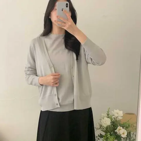 옷자락 / 여자 홀가먼트 무지 브이넥 봄 울니트 데일리 가디건