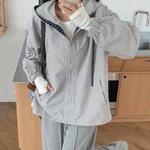 아트박스/옷자락 여자 배색 체크 후드집업 봄 점퍼