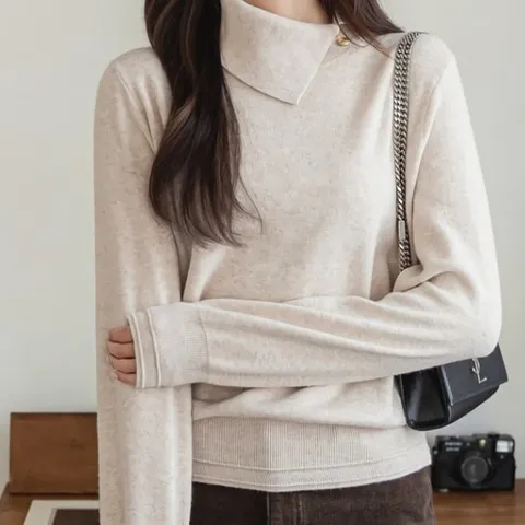 [디자이너몰]여성 봄 데일리 트임 단추 반목 폴라 니트