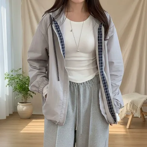 [옷자락]여성 체크 후드바람막이 봄 점퍼