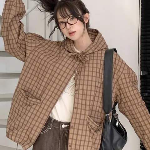 [디자이너몰]여성 봄 데일리 오버핏 체크 후드 바람막이