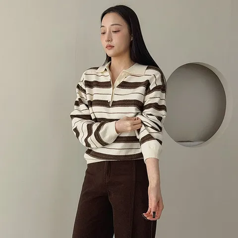 [어반프랑] 모엔 카라 스트라이프 울 니트 티