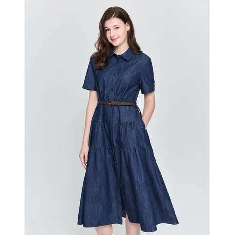 헤지스 여성 25SS 스테디셀러데님딥블루 헤지데님 티어드 반소매 원피스 WSDR5B301B3