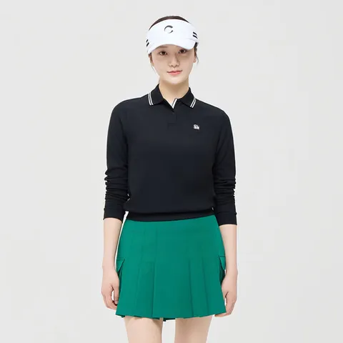 챌린저 여성 에센셜 배색 립 긴팔 카라 티셔츠 블랙 CHE1WLT1953BK