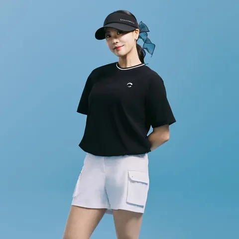 챌린저 여성 우븐 배색 래글런 스트링 라운드 반팔 티셔츠 블랙 CHE2WST2649BK