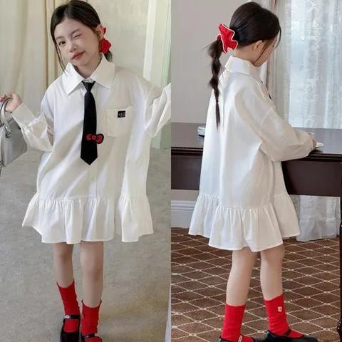 [삐삐네옷가게]삐삐네옷가게 스쿨 감성 화이트 셔츠 오버핏 원피스