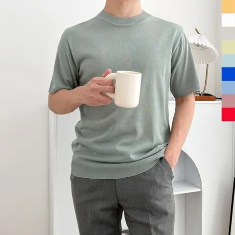 남자상의 남자라운드반팔니트티 남성상의 니트티