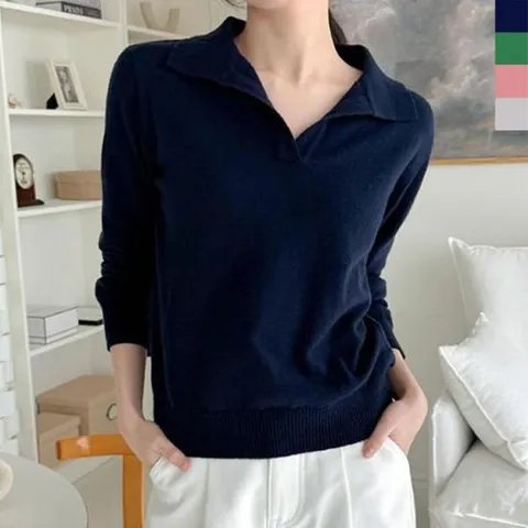 [의류] 여성 가벼운 오픈 카라 니트 긴팔티 1P 데일리 패션